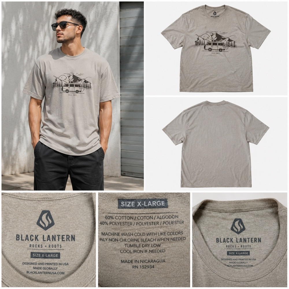 Black Lantern Rocks Roots Graphic Tee XL Beige Streetwear Casual T-Shirt
